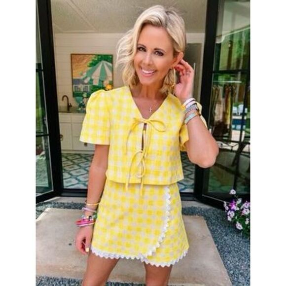 Jacquie The Label Yellow Gingham Sunshine Scalloped Top & Skort Set S preloved - Picture 1 of 8